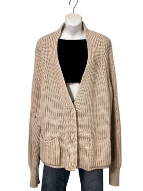 MM&CO. Womens Chunky Cable Knit Beige Gray Button Down V Neck Cardigan Sweater M